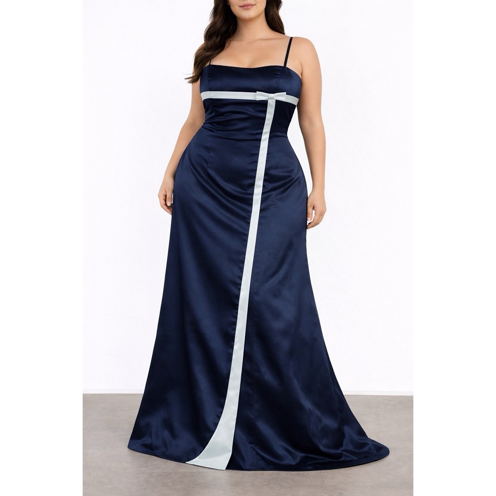 VTG Da Vinci Womens 14 Satin Blue Bow Maxi Dress Coquette Prom Formal Classy 00s